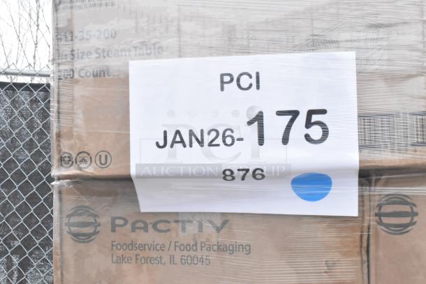 Box of 38 new scratch and dent items by Pactiv, labeled with "PCI JAN26-175," including gloves, towels, and bags.