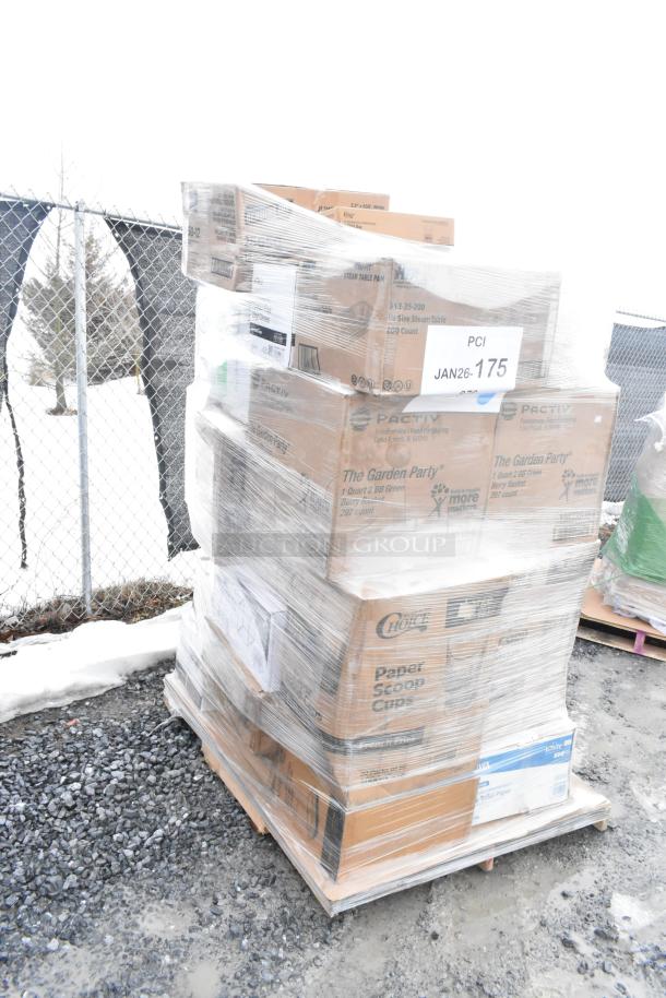 Pallet of scratch and dent items, includes gloves, towels, bags. Packed in boxes labeled "Pactiv" and "The Garden Party."