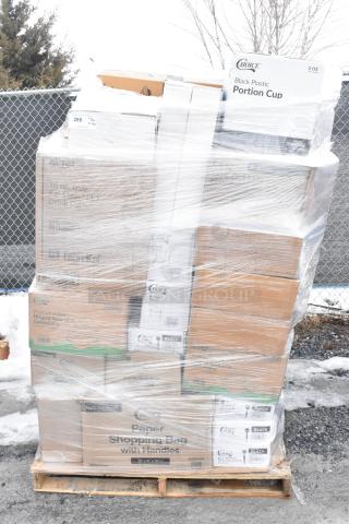 Pallet of 46 new scratch and dent items, including Choice brand cups, containers, and bags, wrapped in plastic for auction.