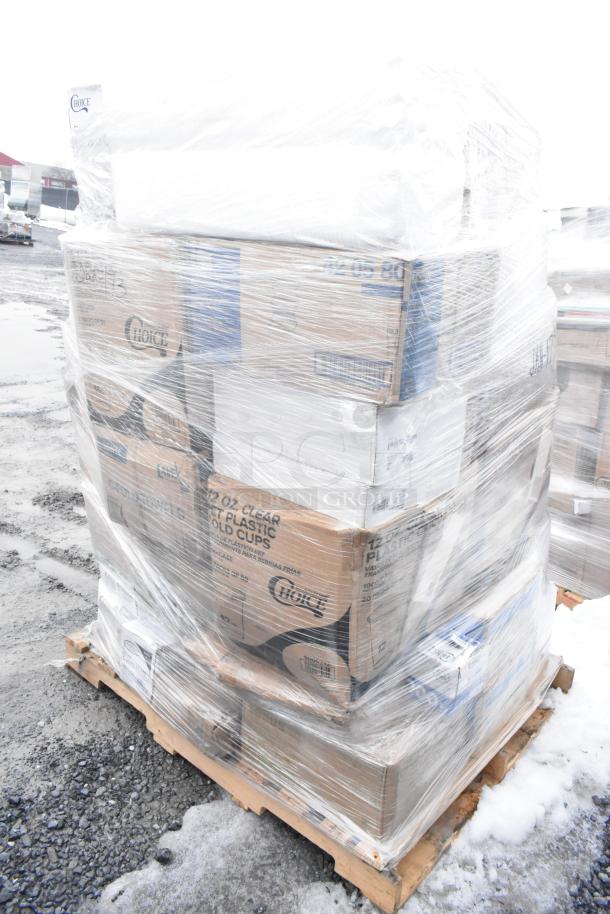 Pallet of 46 scratch and dent items, wrapped. Includes boxes of cups, spoons, bags, bowls, and containers. Brand visible.