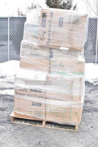 Pallet of 32 brand new, scratch and dent items including paper hot cups and napkins, wrapped in plastic for auction.