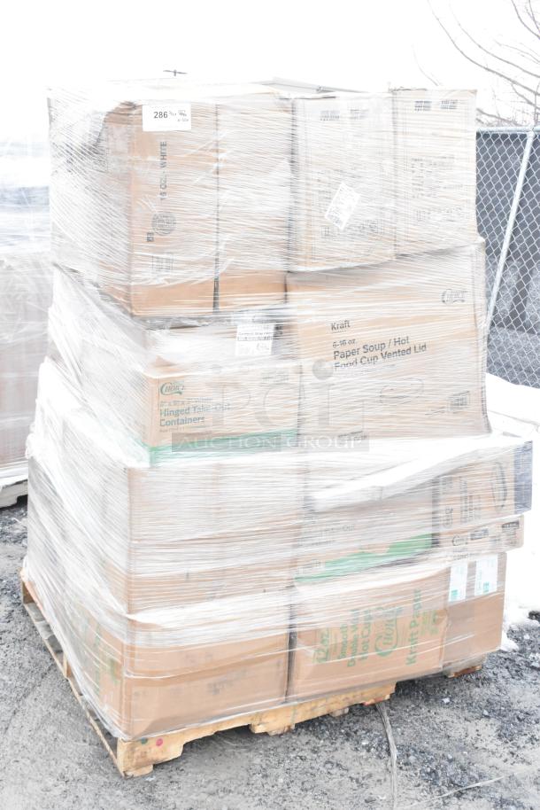 Pallet of 32 scratched and dented boxes with hot cups, napkins, forks, and gloves, wrapped in plastic.