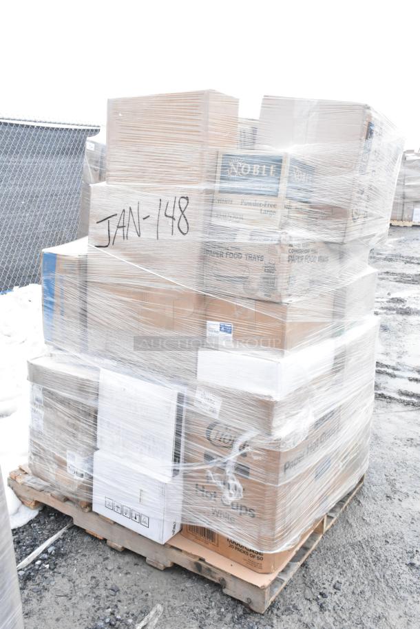 Pallet of brand new scratch and dent items including hot cups, napkins, forks, gloves, wrapped in plastic. Marked "JAN-148".