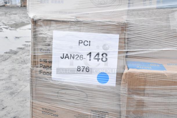 Stack of scratch and dent items including hot cups, napkins, forks, and gloves, wrapped on pallet with product label "PCI JAN26-148 876".