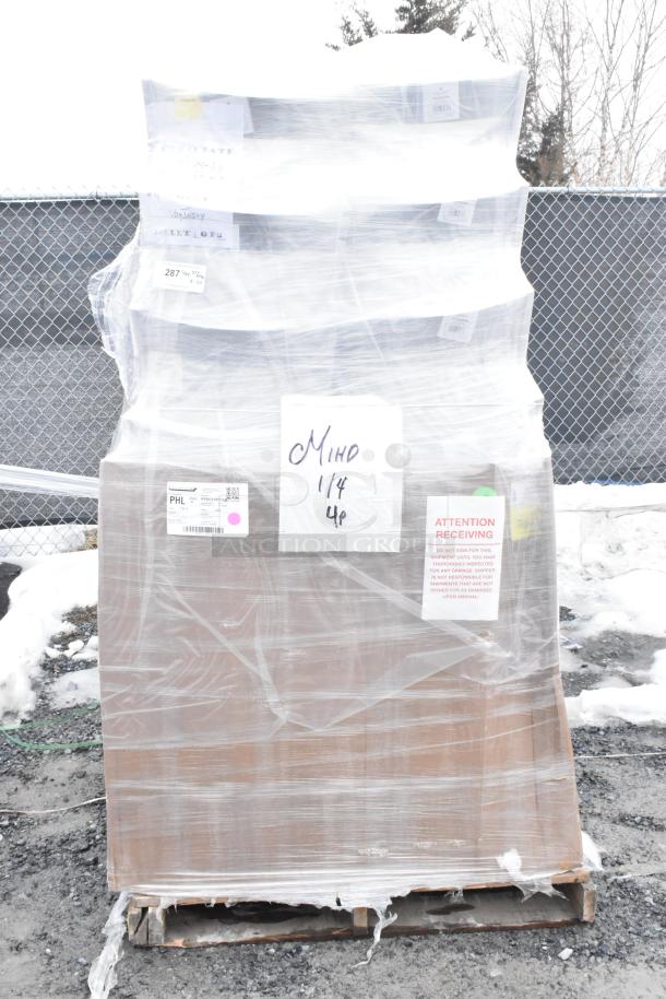 Pallet of 20 brand new scratch and dent items, wrapped in plastic. Includes Lancaster Table & Seating set. Various labels visible.