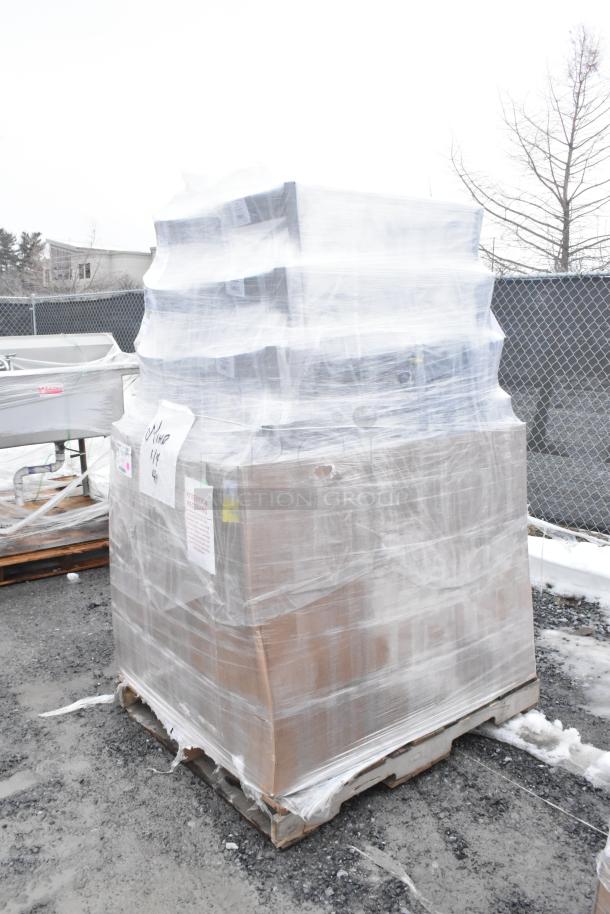 Pallet of 20 brand new scratch and dent Lancaster Table & Seating tables and chairs wrapped in plastic, ready for auction.