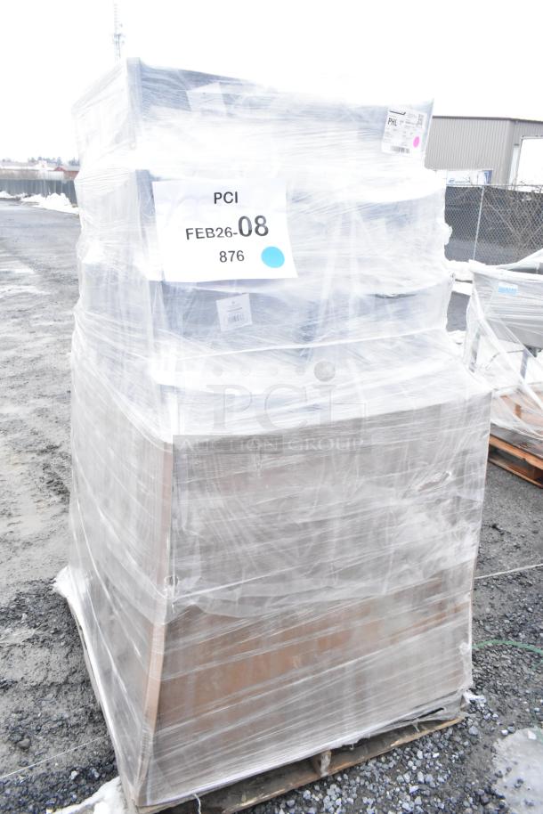 Plastic-wrapped pallet of Lancaster Table & Seating 30" x 48" wood tables and black cross-back chairs, new, some scratched or dented.