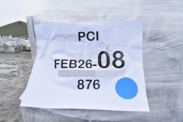 Plastic-wrapped pallet labeled "PCI, FEB26-08, 876," containing Lancaster dining sets, scratch and dent items, 20 sets per bid.