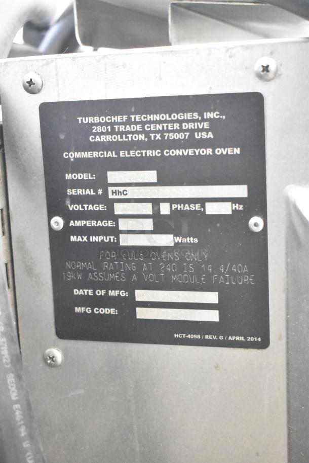 Turbochef HhC2020 commercial conveyor oven, electric, 208/240V, 3-phase, model and serial numbers visible, made in 2020.