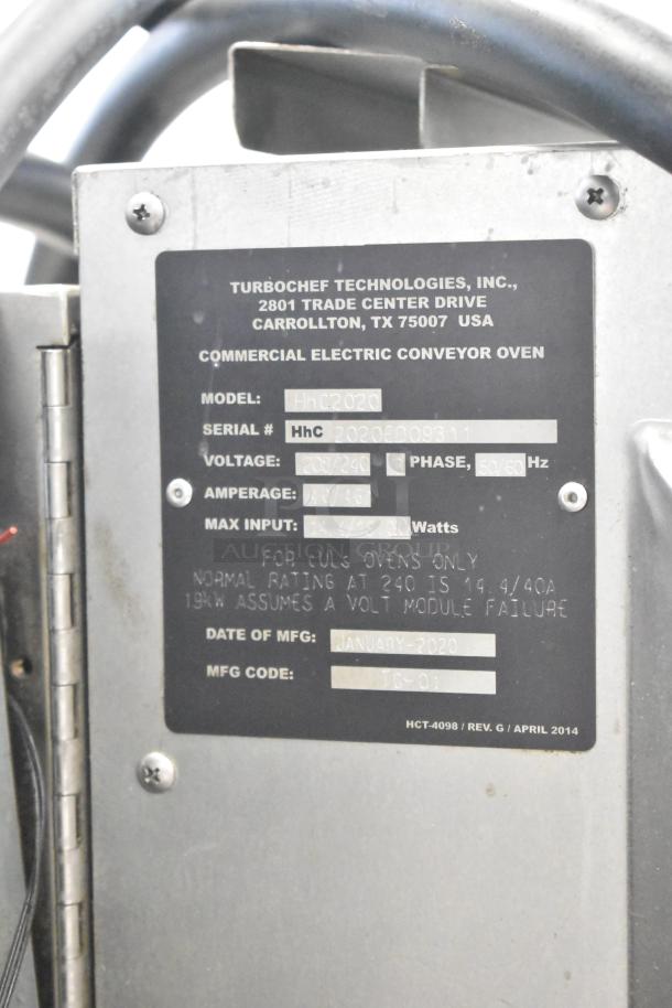 Turbochef HhC2020 rapid cook oven plaque, showing model and serial number, voltage, amperage, and manufacturing details.