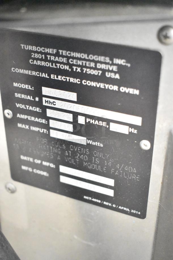 Turbochef HhC2020 electric conveyor oven label showing model, serial, voltage, and specs for auction.