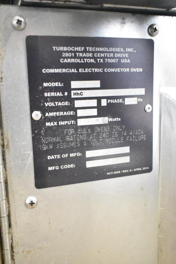 Turbochef HhC2020 commercial electric conveyor oven, 208/240 volts, 3 phase, model label showing specs.