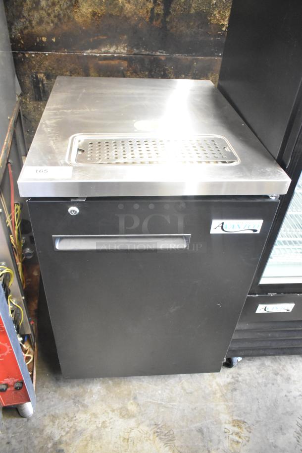 Brand new Avantco UDD-1-HC single tap kegerator, black, scratches visible, commercial casters, label indicates model 178udd1hc.