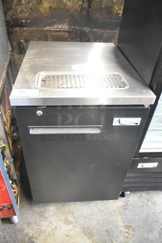Brand new Avantco UDD-1-HC single tap kegerator, black, scratches visible, commercial casters, label indicates model 178udd1hc.