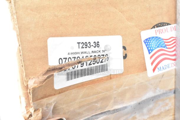 Box of 4 High Wall Rack T293-36, features label with model number, barcode, and "Made in USA" sticker. Box slightly worn.