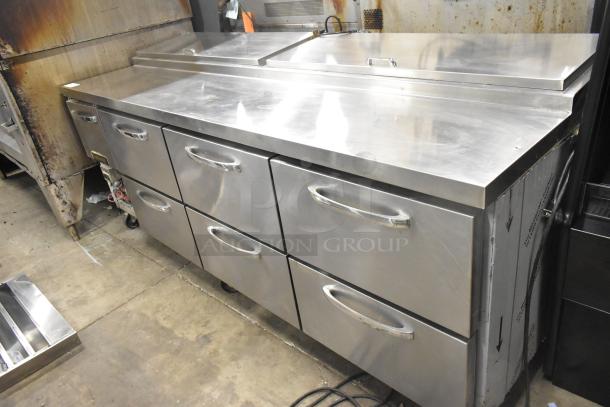 Continental CPA93 commercial pizza prep table with 6 drawers on casters, stainless steel, 115 volts, tested and working.