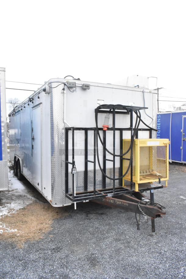 2019 Stuff4less 8.5' x 24' mobile kitchen trailer, equipped with Atosa prep tables, gas fryers, electric griddle, refrigeration.