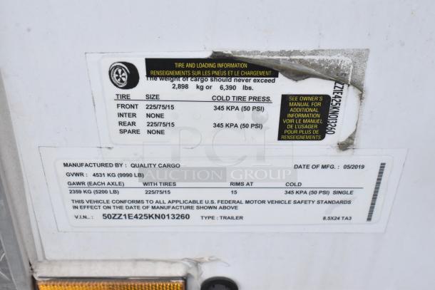 Label plate on the 2019 Stuff4less 8.5' x 24' Mobile Kitchen Trailer, showing tire specifications and manufacturing details.