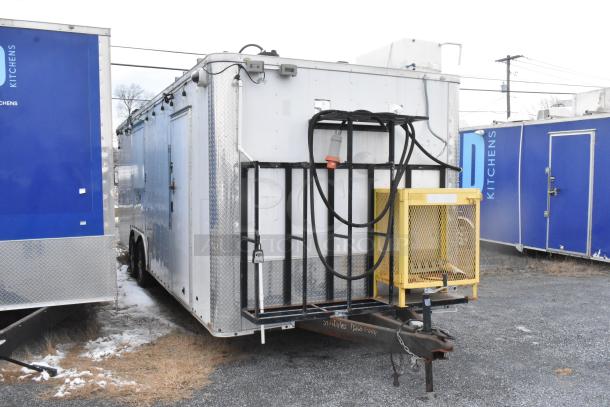 2019 Stuff4less 8.5' x 24' mobile kitchen trailer, includes Atosa pizza tables, Royal fryers, Winco griddle, tandem axle.