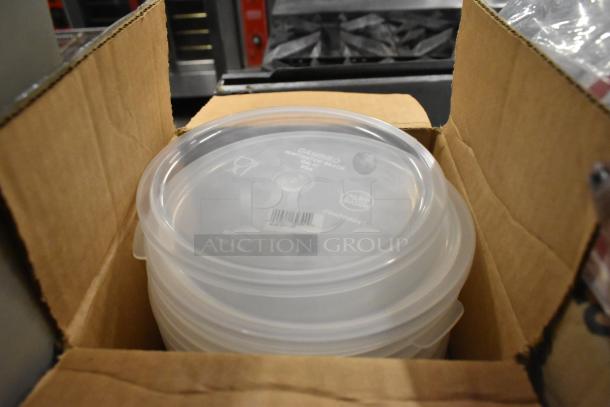 Box of Cambro clear poly round lids, marked "Huntington Beach, USA." Includes various new poly bins and cups.