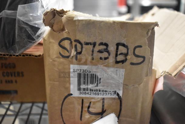 Cardboard box with label "SP73DS" containing brand new poly bins, poly cups, and Cambro clear poly round lids. Multiple items per bid.