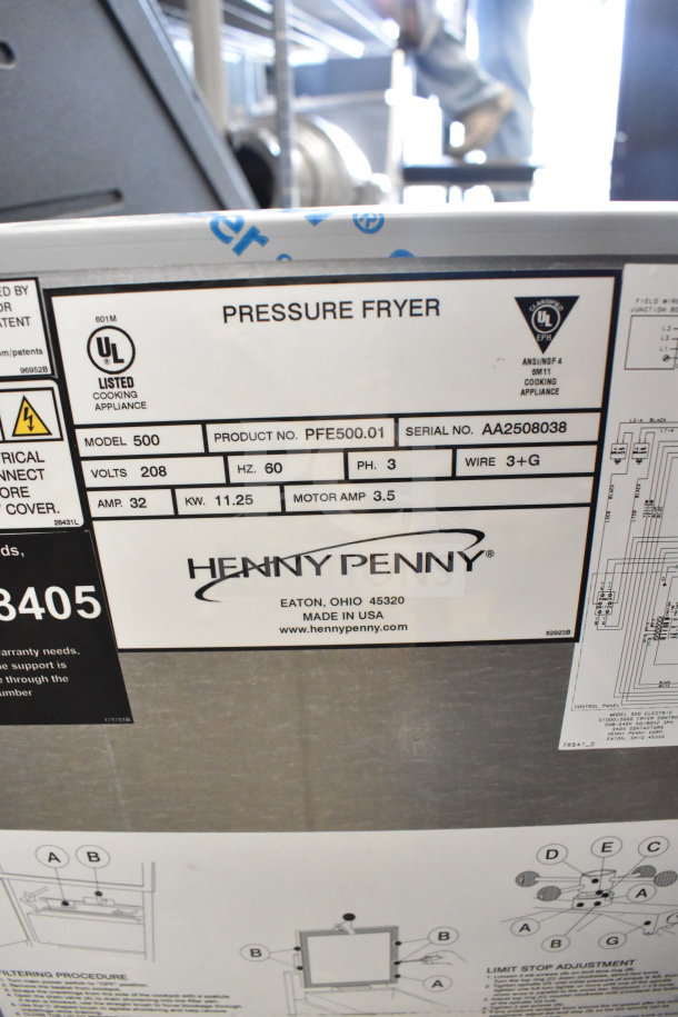 2025 Henny Penny 500 commercial electric pressure fryer, model 500, UL listed, 208V, 3-phase, on casters, in good condition.