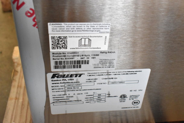 BRAND NEW Follett HMD2110RBT Ice Maker, 2039 lb/day, 115V, 1 Phase, scratch and dent, model details visible on label.