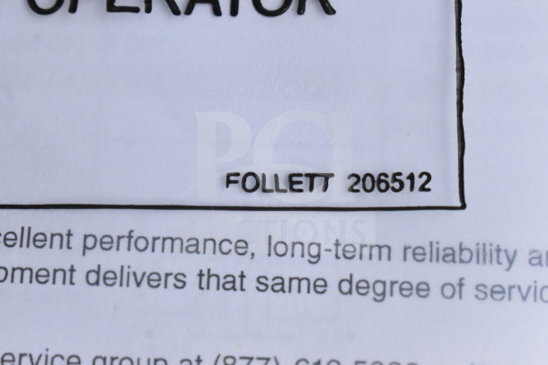 BRAND NEW Follett ID50 Commercial Ice Machine Head, scratch and dent condition, serial number 206512 visible on document.