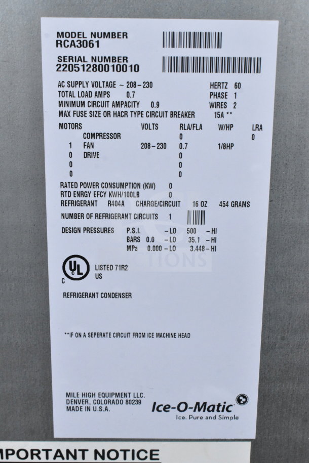 2022 Scotsman RCA3061 commercial remote condenser, 208-230V, 1 phase, compatible with CIM1545R/CIM1845R, excellent condition.