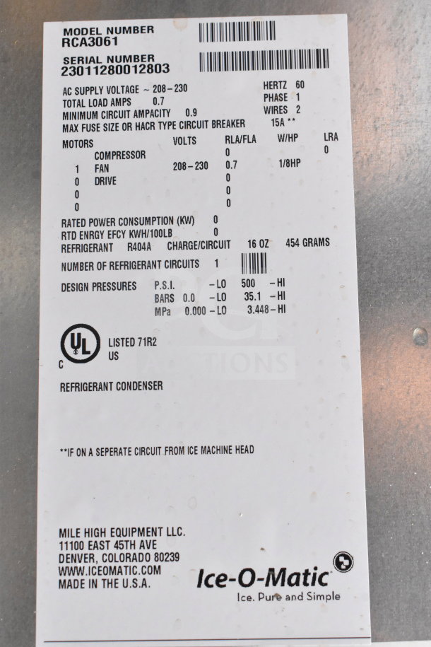 2022 Scotsman RCA3061 Commercial Remote Condenser label, detailed specs visible, UL listed, for CIM1545R/CIM1845R, 208-230V, 1 Phase.