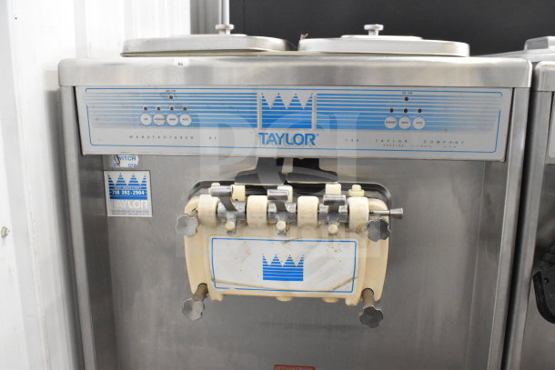 Taylor 754-33 commercial air-cooled soft serve ice cream machine, 2-flavor with twist, 208-230V, 3 phase, stainless steel.