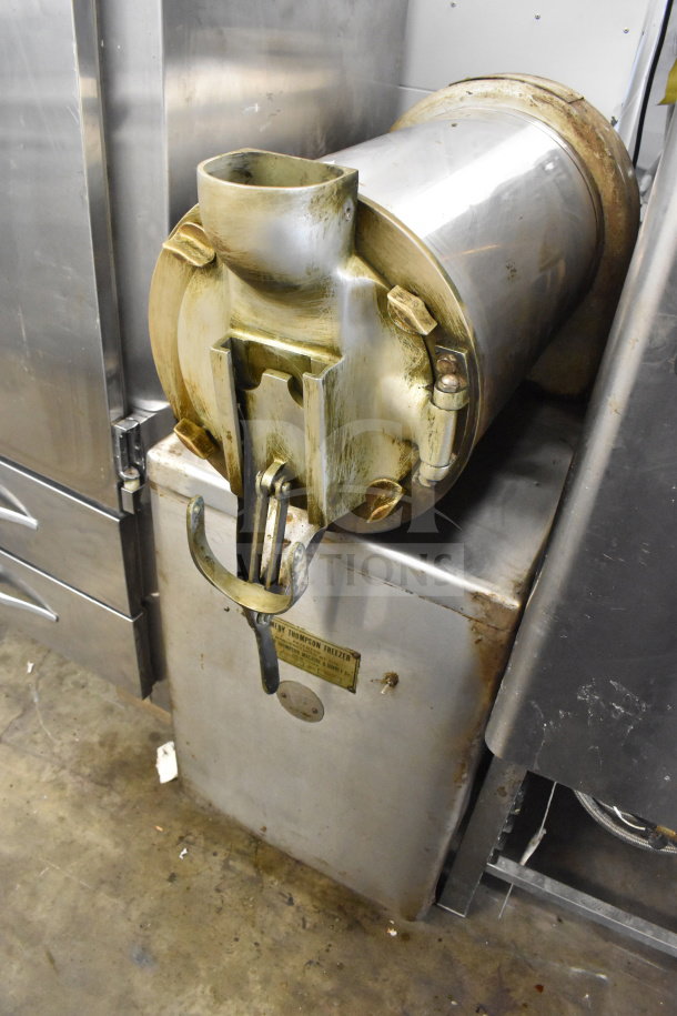 Emery Thompson 20-QT commercial batch freezer, floor style, stainless steel, visible wear, model plate affixed.