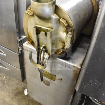 Emery Thompson 20-QT commercial batch freezer, floor style, stainless steel, visible wear, model plate affixed.