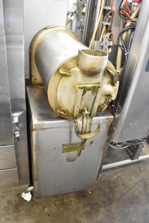 Emery Thompson 20-QT commercial batch freezer, floor style. Visible wear, label with brand and capacity.