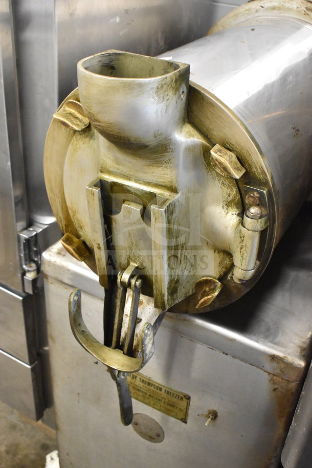 Emery Thompson 20-QT Commercial Batch Freezer, stainless steel, floor model, visible wear, branded label plate.