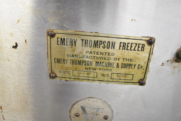 Emery Thompson 20-QT commercial batch freezer label, showing size and serial number, on stainless steel surface.