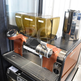 Thermoplan Mastrena M2-CS espresso machine, stainless steel, LCD display, hoppers, steam wand, 208V, used condition.