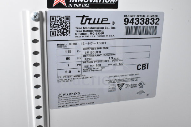 2018 True GDM-12-HC cooler serial label, model details, 115V, 1 phase, refrigerant R290, compressor M/N EMI50UER.