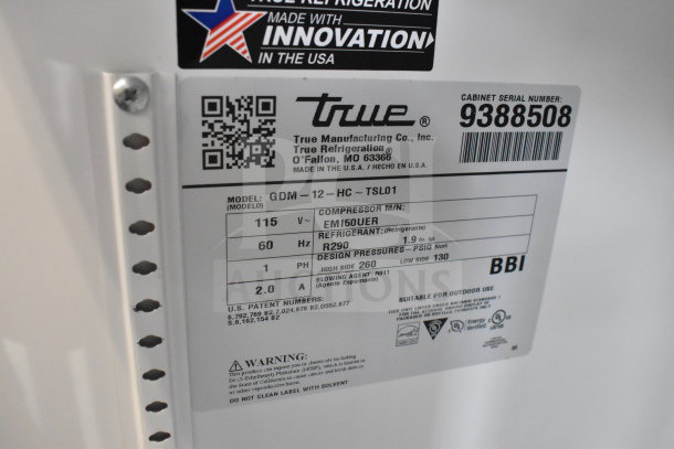2018 True GDM-12-HC cooler label, showing 115 volts, 1 phase, R290 refrigerant, serial number 9388508.