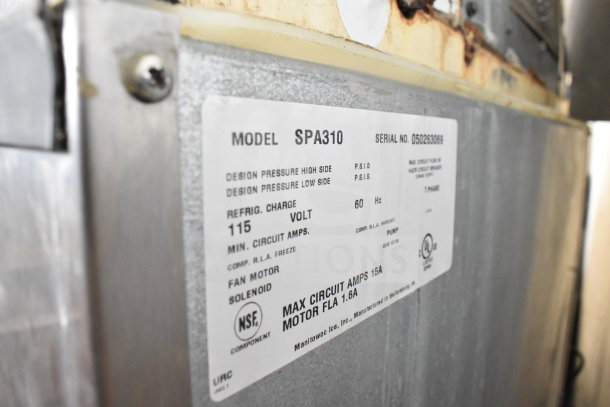Manitowoc SD0452A ice head on SPA310 dispenser, 115V, 1-phase. Model and serial labels, NSF and UL certified.