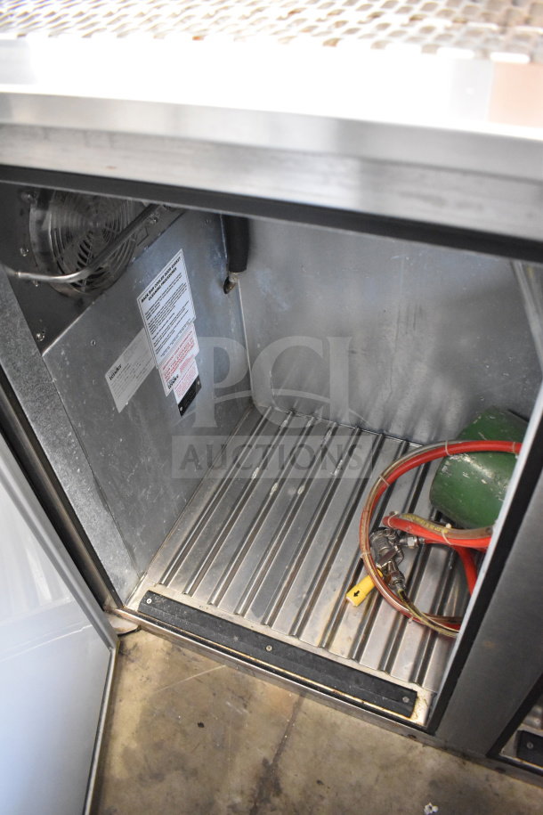 Glastender KC60-L1-BSH commercial kegerator, 115V, 1 phase. Stainless interior, hoses visible. Model label on side.