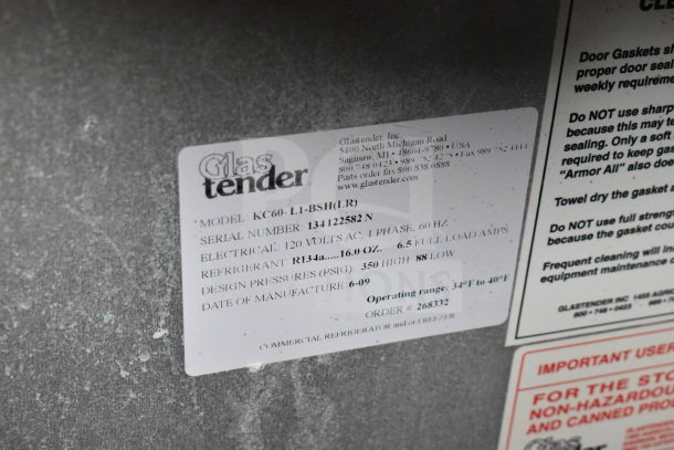 Glastender KC60-L1-BSH kegerator label showing model, serial number, voltage, refrigerant type, and design pressures.