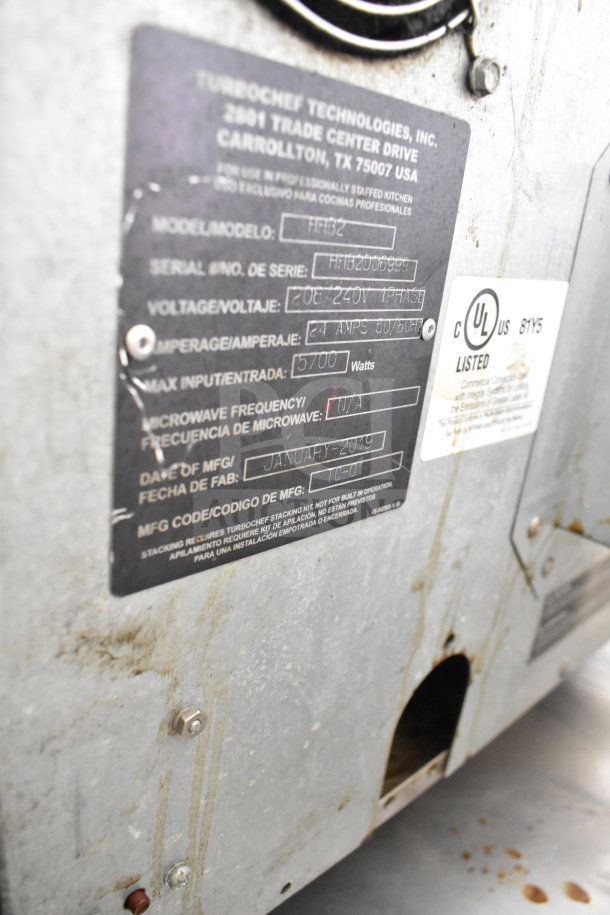 2019 Turbochef HHB2 rapid cook oven label, showing voltage (208/240V), current (24A), and manufacture date (Jan 2019).