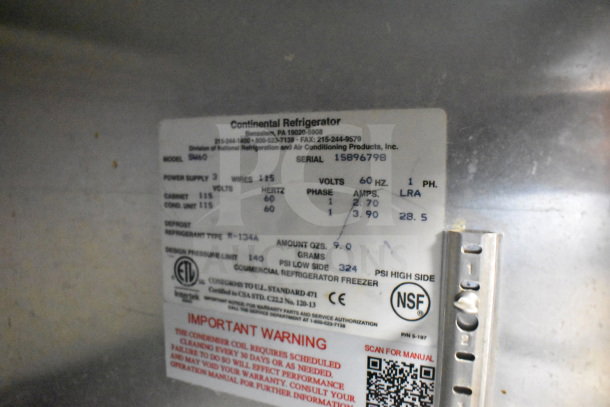 Continental SW60 Commercial 2 Door Undercounter Cooler label showing power supply, voltage, and NSF certification.