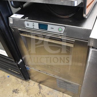 2017 Hobart LXER undercounter dishwasher, stainless steel, 120/208-240V, 1 phase, panel controls, visible Hobart logo.