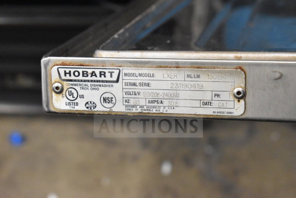 2017 Hobart LXER commercial dishwasher label, 120/208-240V, 1 phase. Model and serial numbers visible, used condition.