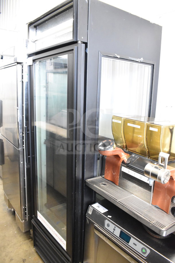 True GEM-23 single door reach-in cooler merchandiser, 115V 1 Phase, black exterior, glass front door, commercial use.