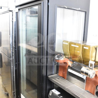 True GEM-23 single door reach-in cooler merchandiser, 115V 1 Phase, black exterior, glass front door, commercial use.