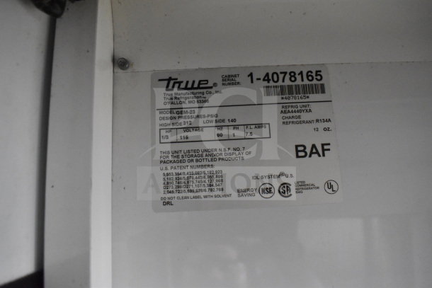 True GEM-23 commercial cooler label showing model, voltage, phases, refrigerant details, and certifications.