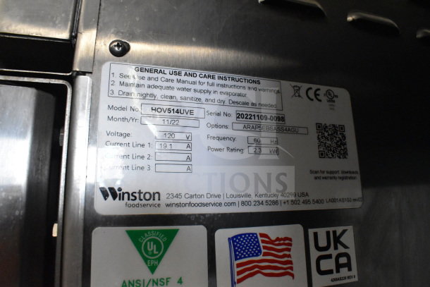 2022 Winston HOV514UVE CVap heating cabinet label showing model, serial number, voltage, and power rating.